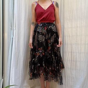 Silk black skirt with multicolor paisley, floral print, sequins and coin charms